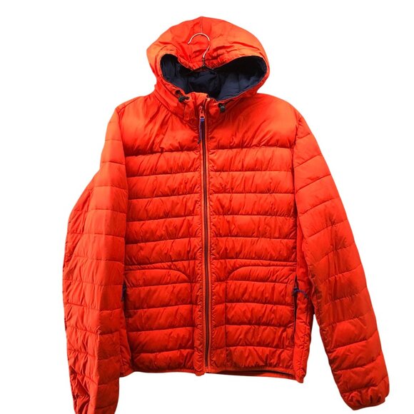 Gap Lightweight Puffer Jacket Mens M Orange Hooded Quilted Zip Pockets Travel - Picture 1 of 8